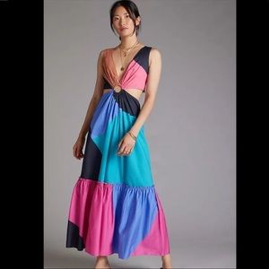 Anthropologie Geisha Designs Flounced Cut-Out Colorblocked Maxi Dress